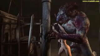 3D monster makes the girls belly bulge